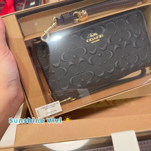 NWT COACH CF464 Boxed Long Zip Around Wallet Signature Leather Heart Charm Strap - Picture 5 of 6